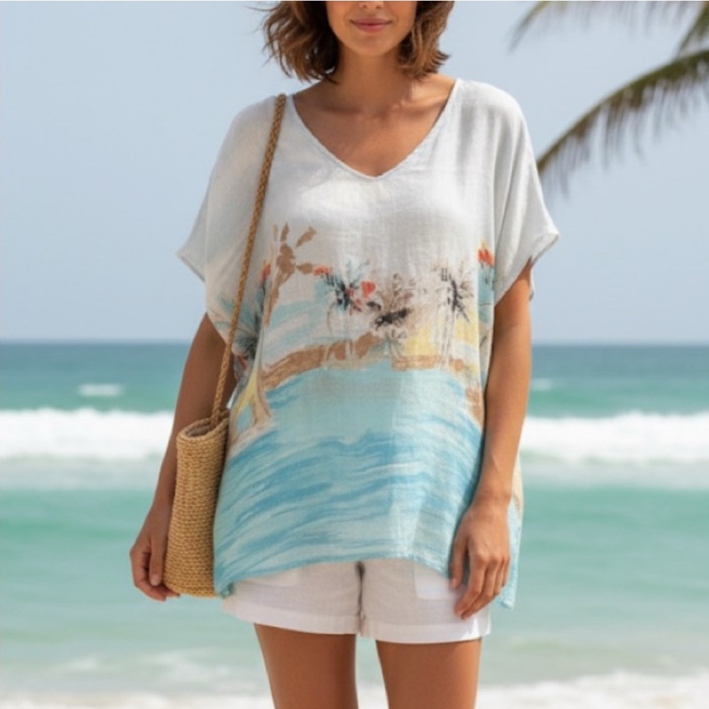 Chico's Multicolor Summer Beach Scene Poncho Top 100% Linen - Size Large/XL